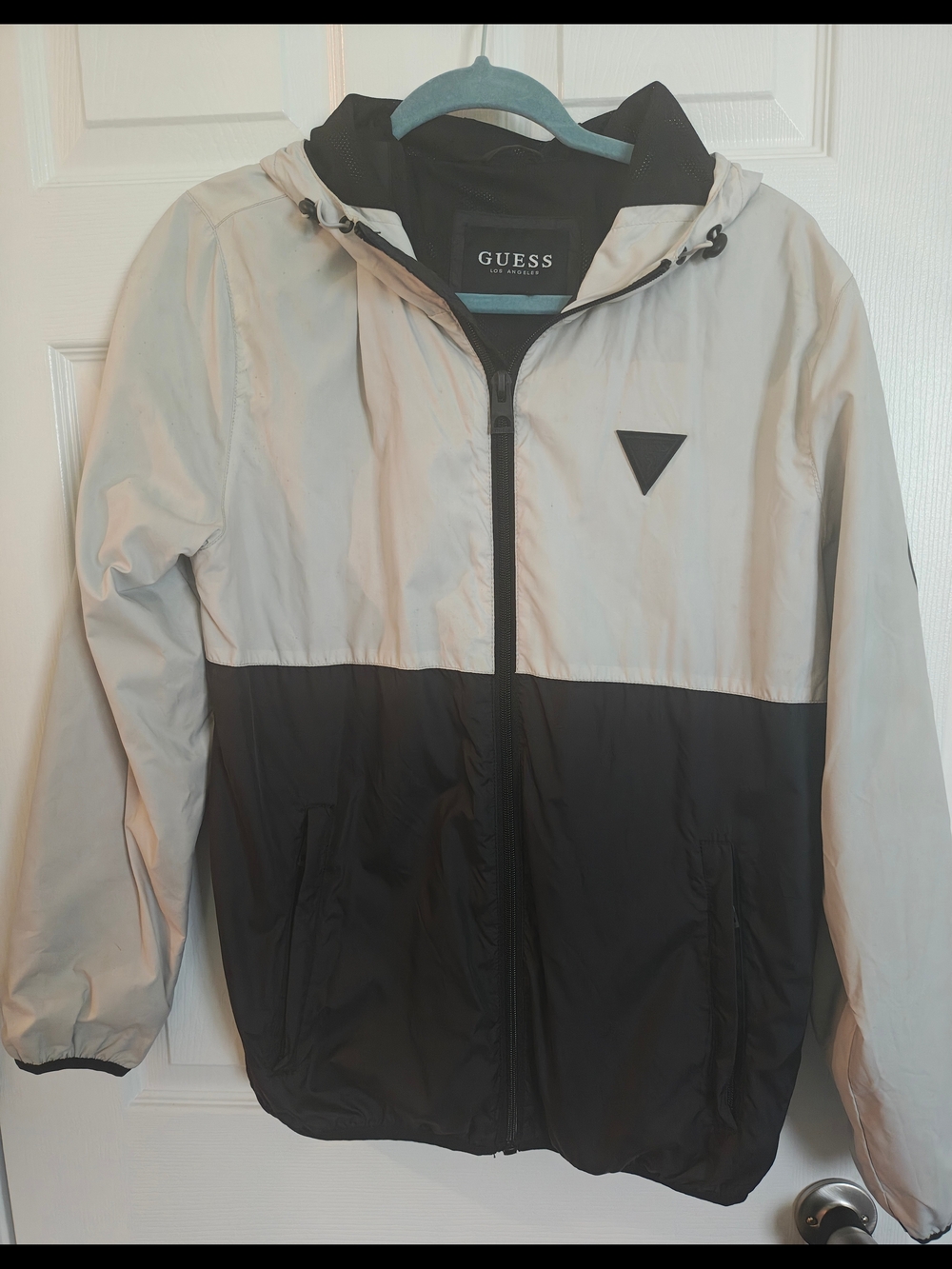 GUESS Men's Two-Tone Black and Cream Windbreaker Jacket with Hood